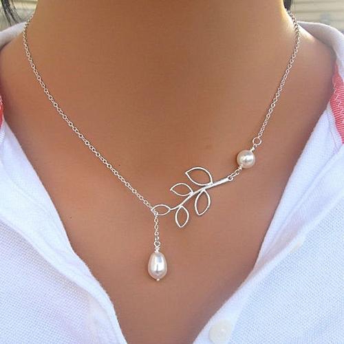 Neworldline Women Simple Silver Tree Leaf Pearl Pendant Tassel Alloy Short Necklace-Silver