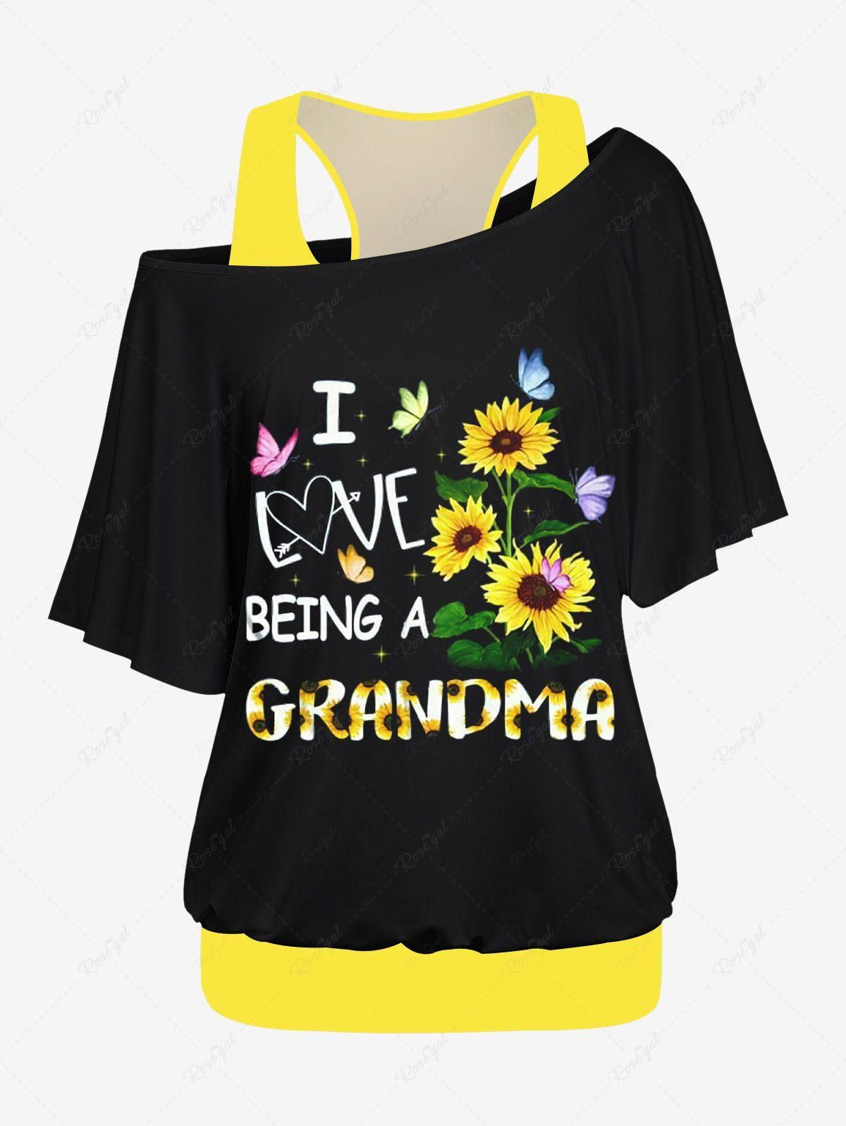 Plus Size Solid Racerback Tank Top and Sunflower Butterfly Letter Print Skew Neck Batwing Sleeves T-shirt Set - 6x