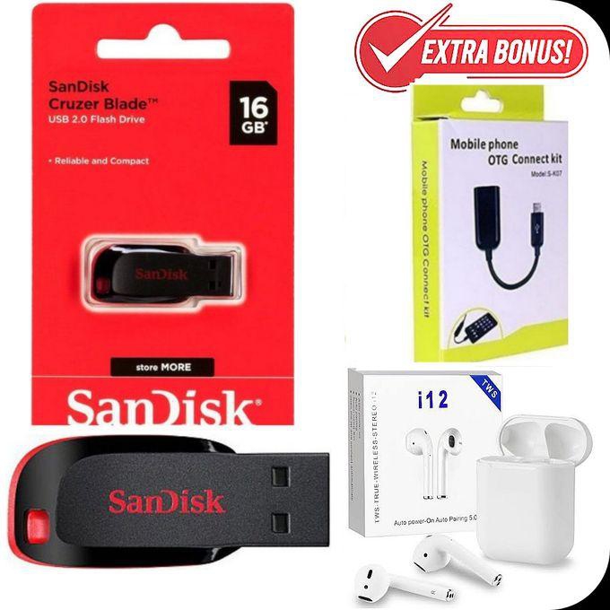 Sandisk High Speed FlashDrive 16GB USB With Free OTG Cable , Bluetooth Earpods