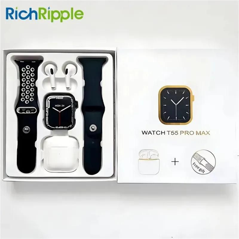 RichRipple 2023 2 in 1 T55 Pro Max Smartwatch TWS Earphone in One Double Strap BT Call Reloj 1.44 Inch Screen T55 Pro Max Smart Watch