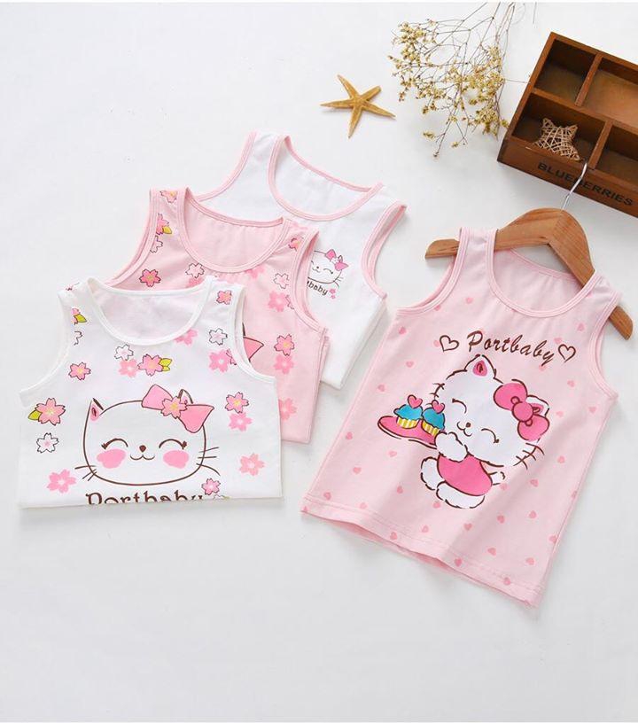 Girls Top Kitten Flower Print Sleeveless Top - 12 Sizes (Pink - White)