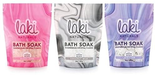 Laki Naturals Favorites Bath Soak Bundle (Pack of 3) - Magnesium Flakes w/ Hawaiian Sea Salt - Therapeutic Bath Salts for Relaxation ( Rose, Coconut, Lavender, 8 oz Each)
