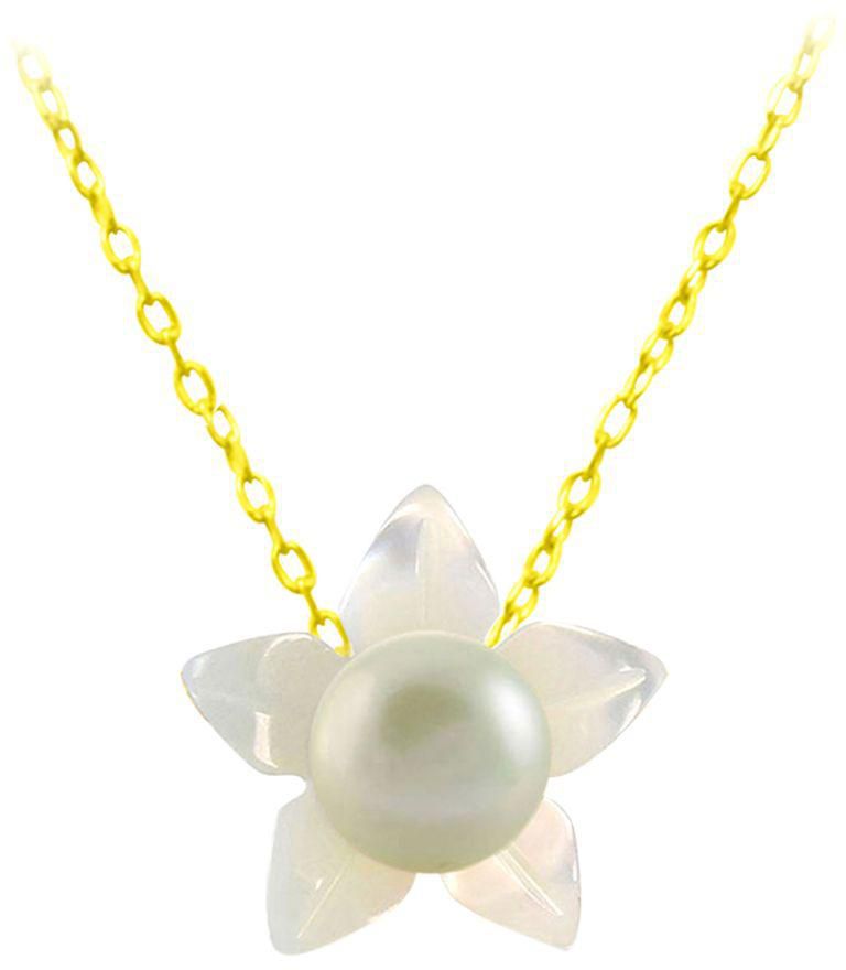 18 Karat Solid Yellow Gold 10 mm Mother Of Pearl Flower Shape With 4 mm Pearl Pendant Necklace
