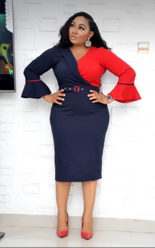 Classy Formal Belted Dress -Navy Blue And Red