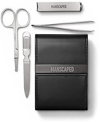 MANSCAPED® Shears 2.0 Tempered Stainless Steel Men's Nail Kit, Fingernail Clippers, Safety Scissors, Tweezers and Nail File, Travel Manicure Pedicure Set, 4-Piece Luxury Grooming Kit with Compact Case