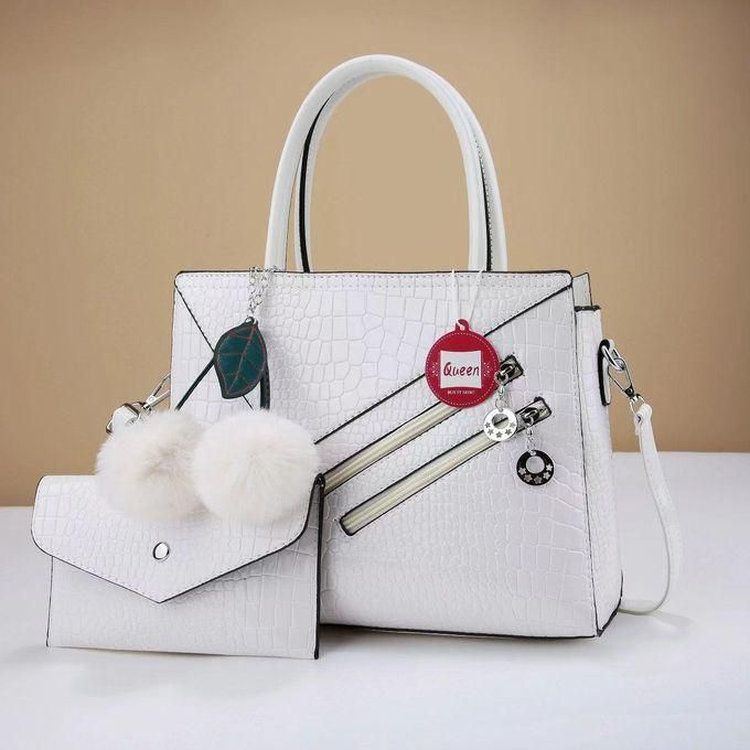 Fashion Ladies handbag, white in colour. 2 in 1 PU leather, crocodile print