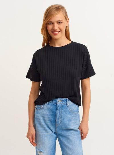 Elastic Waist Zero Collar T-Shirt Black
