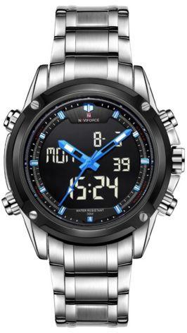 NAVIFORCE men sport analog-digital steel water resistance wrist watch (White steel, Blue hands)