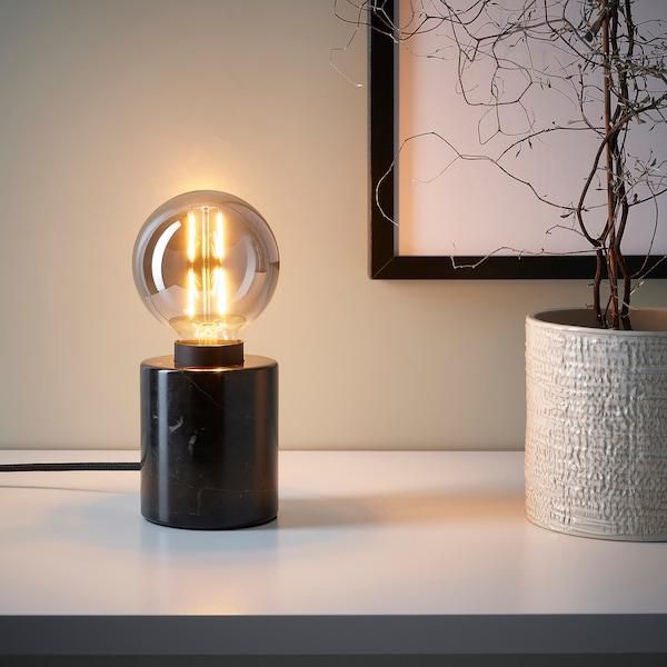 MARKFROST / MOLNART Table lamp with light bulb, marble black/grey clear glass, 95 mm - IKEA