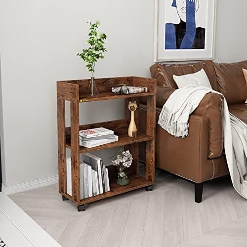 MIN WIN 3 Tier Open Bookshelf,Small Bookshelves Storage Display Shelf with Universal Wheels,Movable Standing Shelf Units,Wood Storage Rack for Small Spaces Home Office Bookcases Book Shelves,Antique