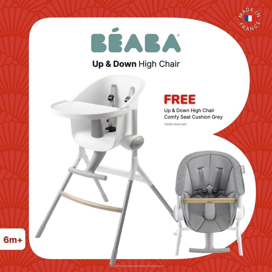 Beaba Up &amp; Down High Chair Grey White Free Comfy Seat Cushion Grey