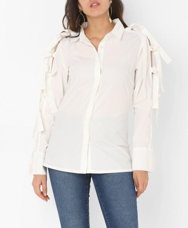 White Lace Up Sleeve Shirt