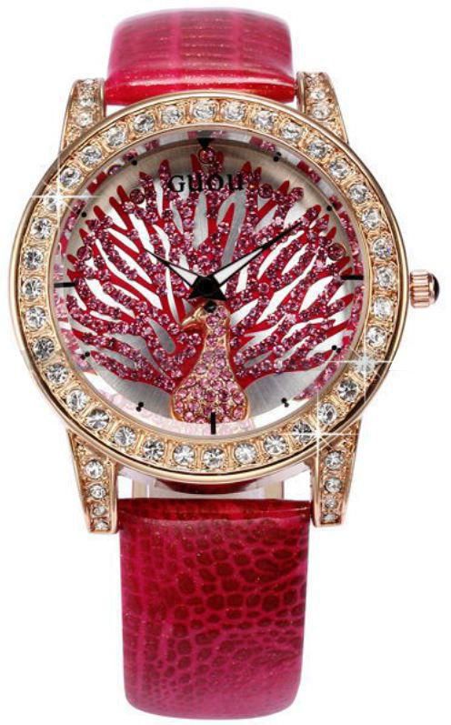 Luxury Rose Gold Bling Crystal Rose Red Leather Peacock Lady Women Quartz Watch