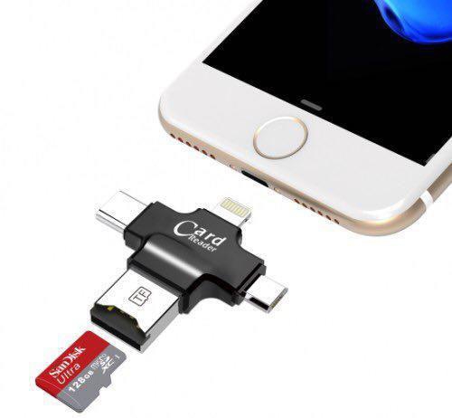 iPhone Multiple USB Card Reader, 4 in 1 Micro SD Card Reader with Type C USB Connector OTG HUB Adapter, Lightning connector, TF Flash Memory Card Readers For iPhone iOS/Android USB2.0/Windows (Black )