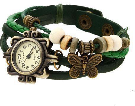 Retro Leather Rope Band Ladies Watch with Butterfly Pendant   - Green
