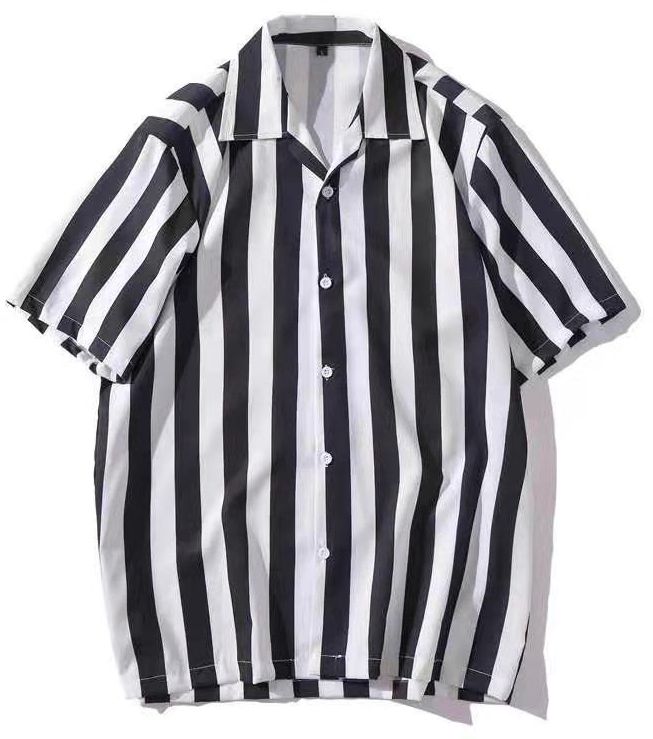 Hawaiian Black And White Striped Designed Aloha Shirt