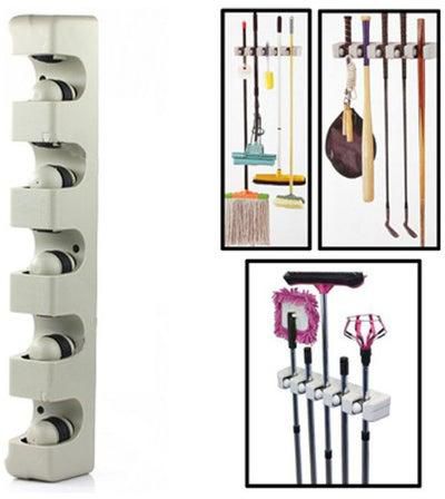 Wall Mounted 5 Positions Mop Broom Holder Tool with 2 Hooks Multicolour