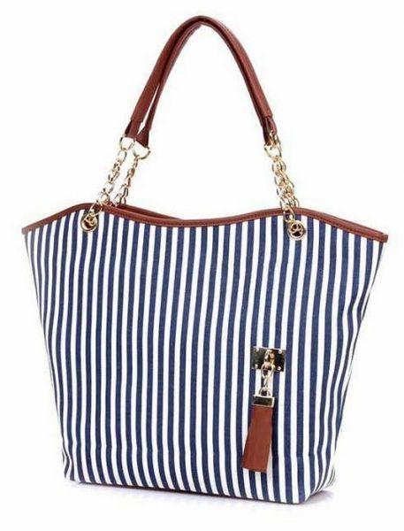 Canvas Shoulder Tote Bag for Women with Navy Blue Stripes
