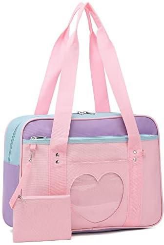Shoulder Bag, School Bag Made Of Premium Oxford and Pvc Plastic Large Anime Shoulder Bag Kawaii Handbag for Women Transparent Love Casual Shoulder Bag for School, Work, Gym, Sports, Travel (Pink)