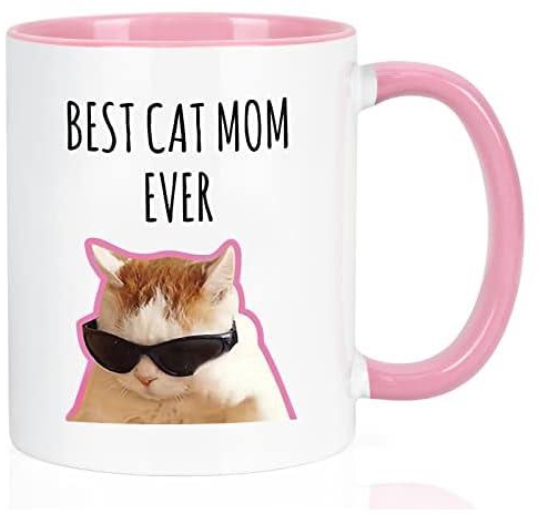 ماوستيك كوب بطبعة عبارة Best Cat Mom Ever، هدية رائعة للنساء والقطط والام والكريسماس وعيد الميلاد، هدية رائعة لمحبي القطط للنساء، كوب قهوة مبتكر سعة 11 اونصة، زجاج سيراميك