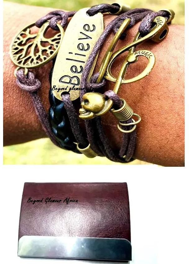 Purple multilayered leather bracelet with a leather cardholder case