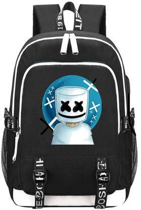 حقيبة مدرسة مطبوعة بتصميم دي جي مارشملو ومزودة بمنفذ شاحن USB أسود/ أبيض