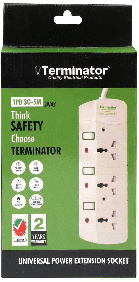 Terminator 3 Way Universal Power Extension Socket With 13A 5M Esma Approved