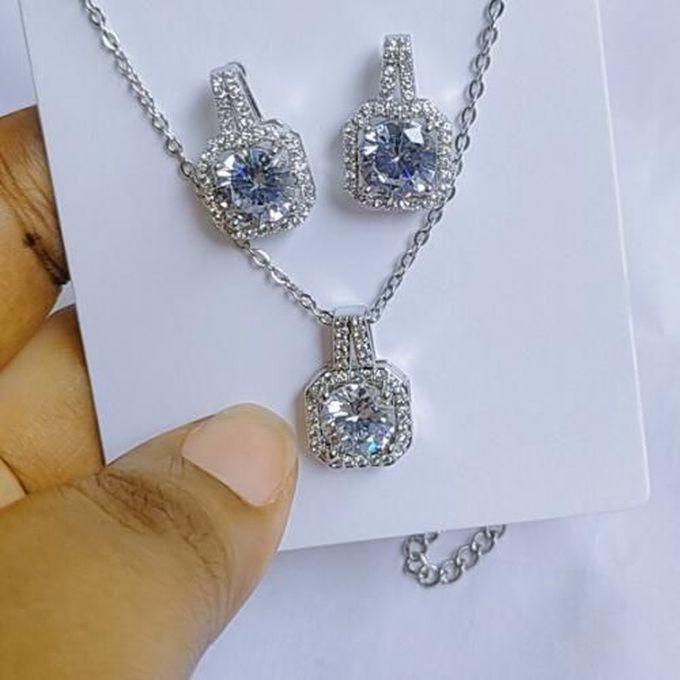 18k Silver Plated Cubic Zirconia Jewelry Set- Silver (Necklace & Earrings)