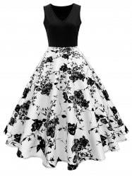 High Waisted Printed Vintage Dress - White And Black - Xl