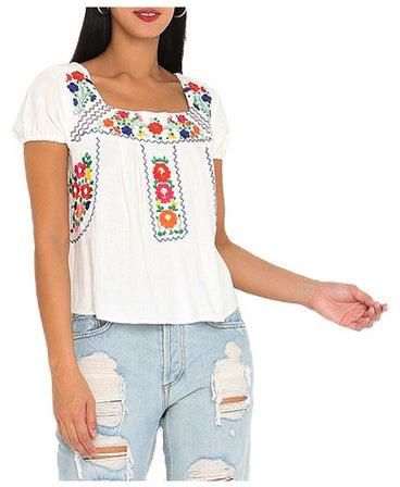 Square Neck Floral Embroidered Woven Top Cream/Red
