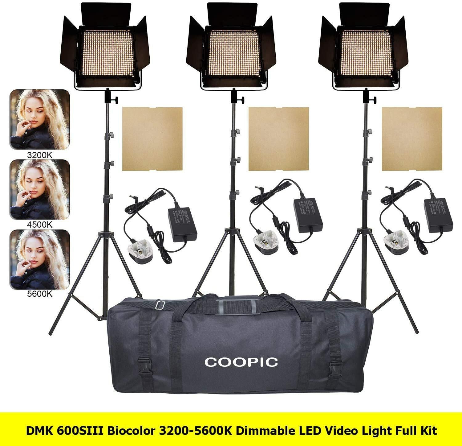 DMK Power Coopic 3 Pack Dmk-600Siii Bi-Color Professional LED Video Light Kit: (3) Dmk-600Siii Light With U Metal Bracket (3) Light Stands (3) Filter (3) Adapter (1) Carrying Bag