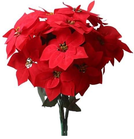 YXYQR 3 Pack Christmas Artificial Poinsettia Flowers Stem Bouquets Outdoors with 15pcs 8.2 Inch Red Poinsettia Flowers Heads for Christmas Tree, Xmas Garland, Vase, Window Box, Porch Home Decorations