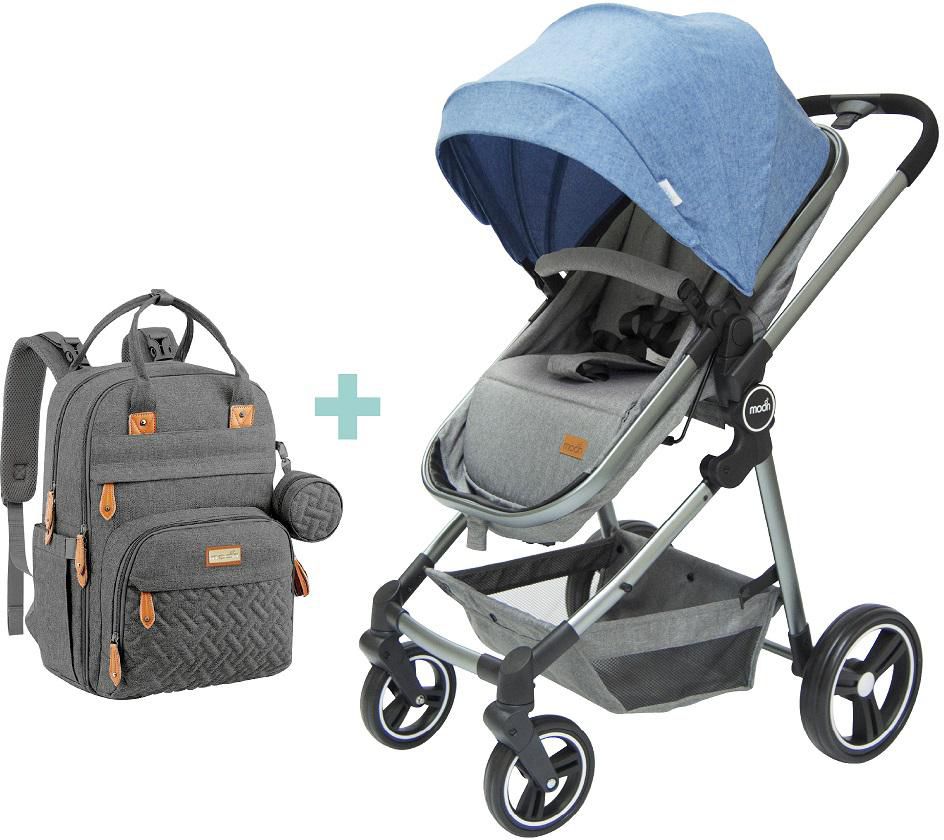 Moon - Pro 2 in 1 Convertible to Carrycot, Reversable Stroller -Blue + MOON - Kary Me Diaper Bag Backpack- Gray- Babystore.ae
