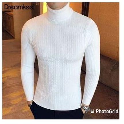 Fashion Men White Turtle Neck Sweater - Warm Pull Neck
