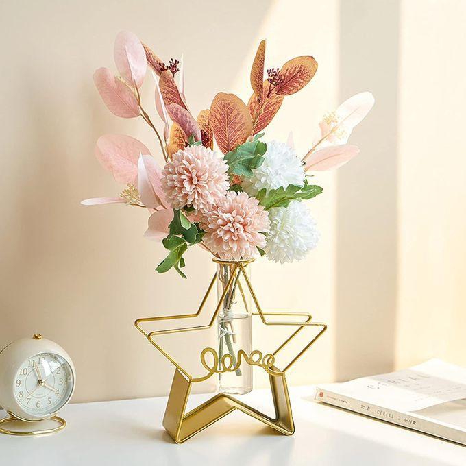 Glass Flower Vase With Metal Frame,Modern Creative Geometric Clear Vase For Flower ,Desktop Hydroponics Vase Plant For Home Office Decoration (Gold Star-Love)