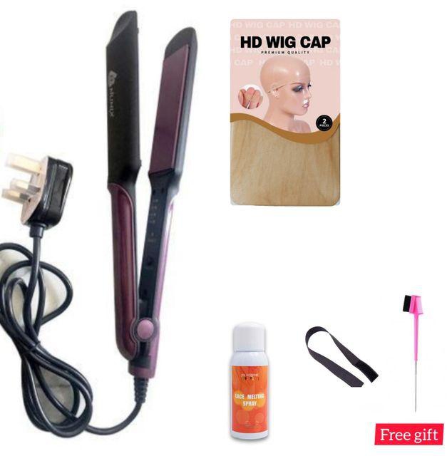 Flat iron + Lace melting spray + Edge brush + HD wig cap + Elastic band