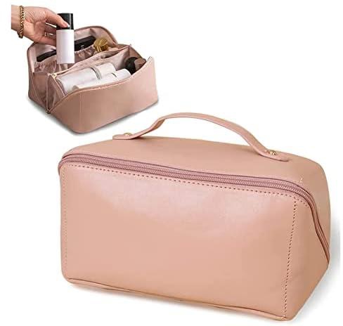 Miurixo Large-Capacity Travel Cosmetic Bag, Portable Makeup Case Travel Wash Bag, Waterproof Leather Makeup Bag Everyday Use, Multifunction Toiletries Organizer Storage Bag (Pink)
