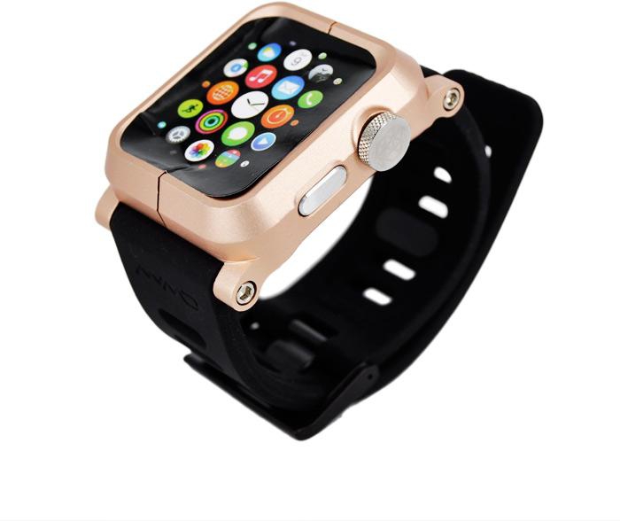 Black Matt Rubber Silicone Watch Band & Rose Gold Aluminium Metal Shell Case For Apple Watch 42mm