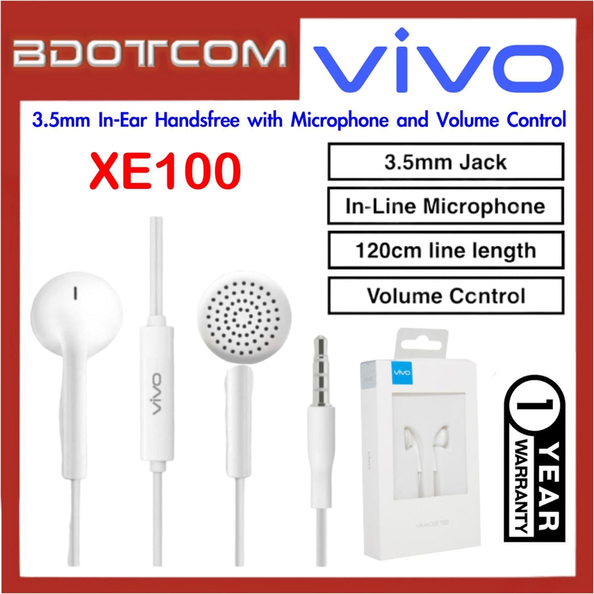 Vivo XE100 3.5mm In-Ear Handsfree with Microphone and Volume Control for Vivo V15 Pro / V15 / Y17 / Y12 / Y15 / Y91 / V11 (White)