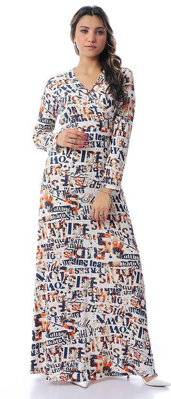 Suzana Letters Long Sleeves Fluffy Maxi Dress - Navy Blue & Orange