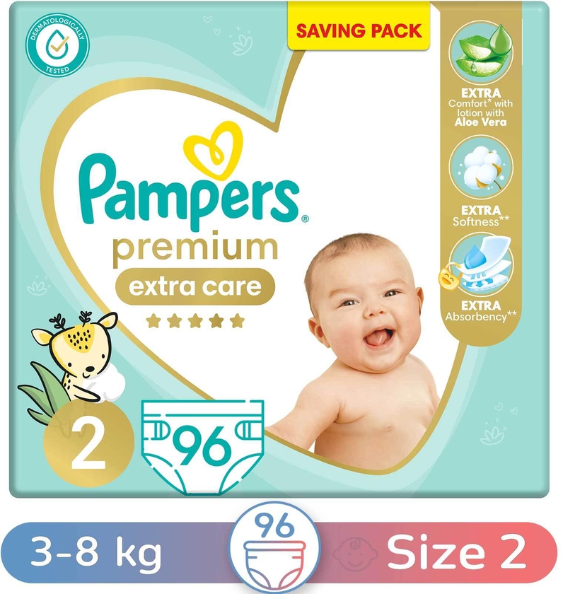 Pampers Premium Extra Care Diapers - Size 2 - 3-6 Kg - 96 Diapers
