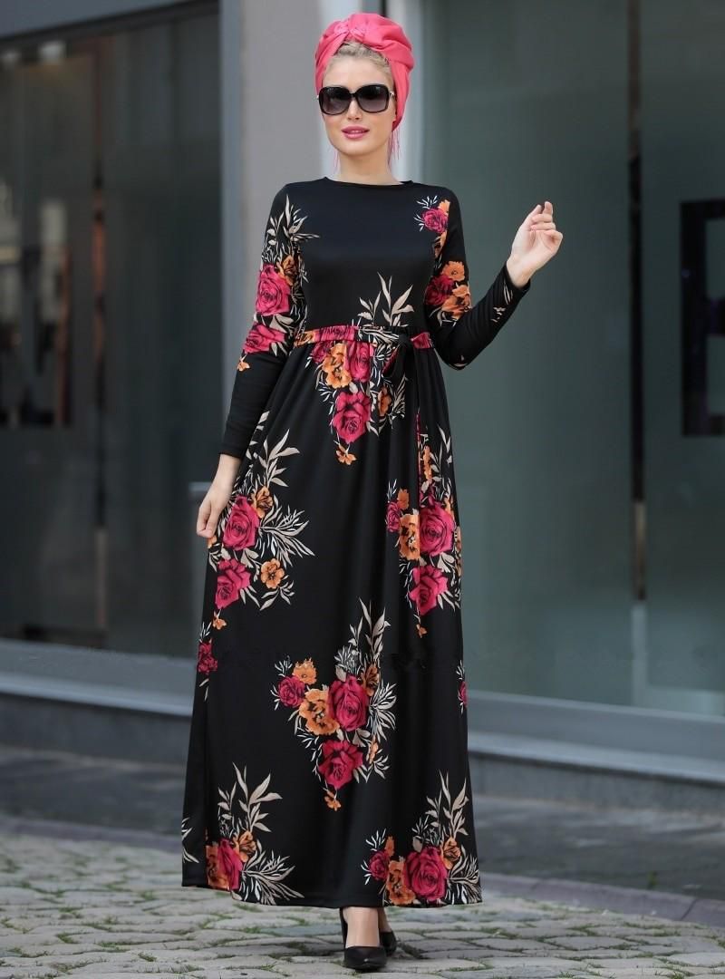 Alissastyle Red Rose Printed Black Long Dress - 5 Sizes