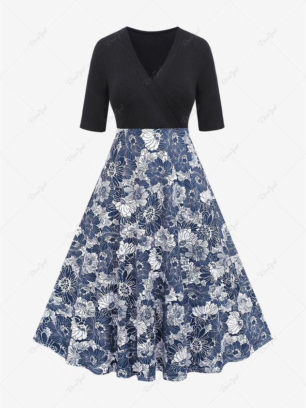 Plus Size Floral Printed Patchwork Surplice Dress - Xl