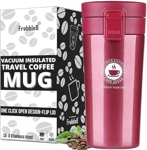 Frabble8 double wall 300ml vacuum insulated stainless steel tea coffee mug thermos flask travel mug - tumbler with flip lid mesh strainer hot and cold for 5 hours (color pink)
