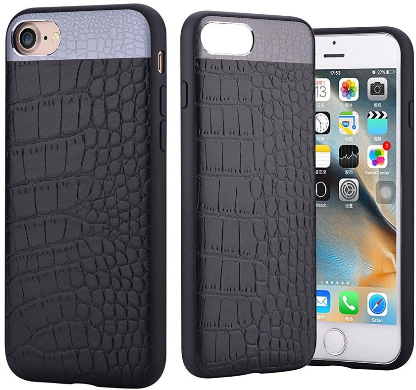 iPhone 7 Comma Croco Series Leather Back Cover - Black