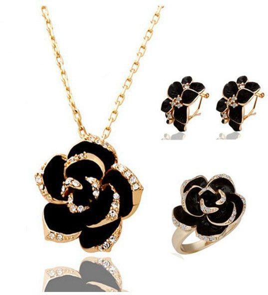 18K Gold Plated Jewelry Set black Rose Flower Jewelry Set ‫(MM0103)