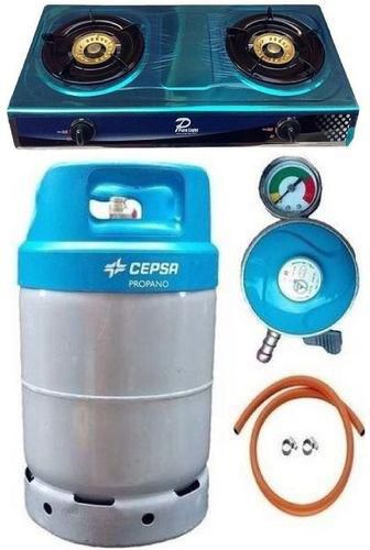 Cepsa 12.5kg Gas Cylinder -Blue Cap - With Universal Gas Cooker, Metered Regulator, Hose & Clips