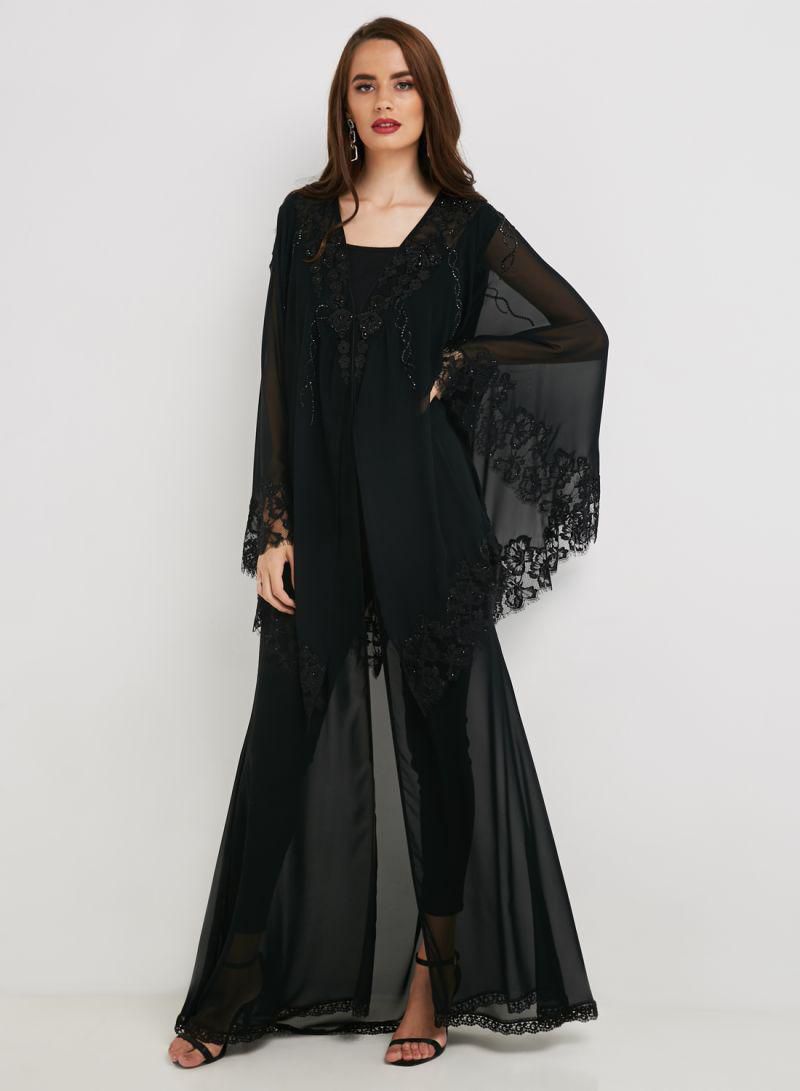 Open Front Long Sleeve Abaya Black