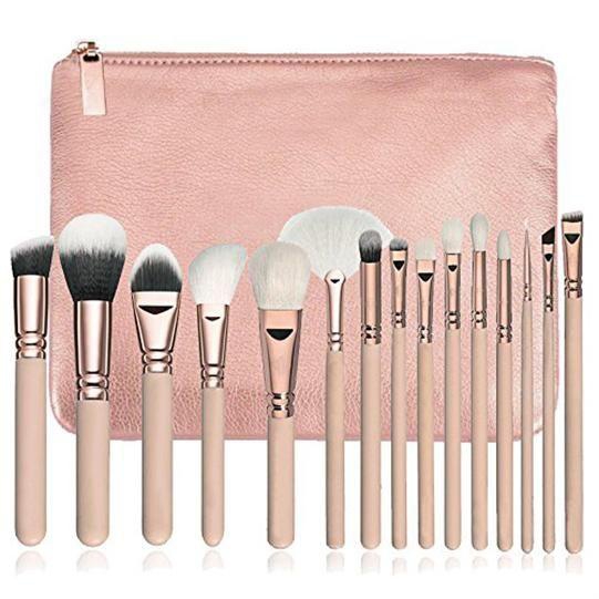 15pcs Professional Makeup Brush Set Foundation Blending Cosmetic Tool with PU Leather Bag - Pink