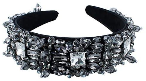 MOONSTONE Wide Brim Variety Shapes Rhinestone Crystal Embellished Beaded Fashion Headband Tiara for Girls and Women, Handmade, 40mm, Adjustable Size, Dark Gray